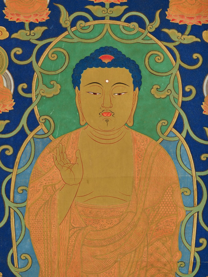 Buda Amida del Templo Zenkōji por Kanda Sōtei Fujiwara Yōshin (1826-1875). 9a luna del 2o año de Kōka (1845). Detalle de una pintura sobre papel. Musée d’ethnographie de Genève. Photo : J. Watts