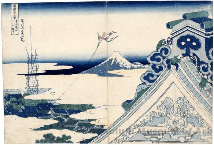 Templo Honganji, en Asakusa, Edo. Katsushika HOKUSAI (1760-1849). De la Serie « 36 vistas del Monte Fuji »; ca. 1830-1832; 25,9 x 38,5 cm; Nishiki-e. Honolulu Museum of Art Collection.