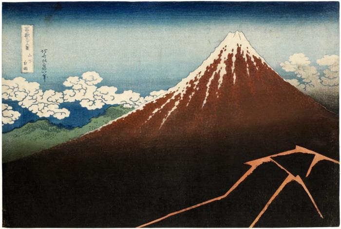 Tormenta bajo la Cumbre. Katsushika Hokusai. De la Serie « 36 vistas del Monte Fuji »; ca. 1830-1832; 25.5 x 38.2 cm; Nishiki-e. Honolulu Museum of Art Collection. 